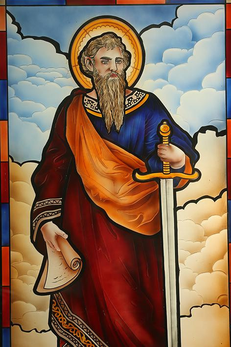 Tranh kính Thánh Phê rô (cầm chìa khoá và thánh Phao Lô (cầm kiếm) do ông chế tác Tranh kính Thánh Phê rô (cầm chìa khoá và thánh Phao Lô (cầm kiếm) do ông chế tác