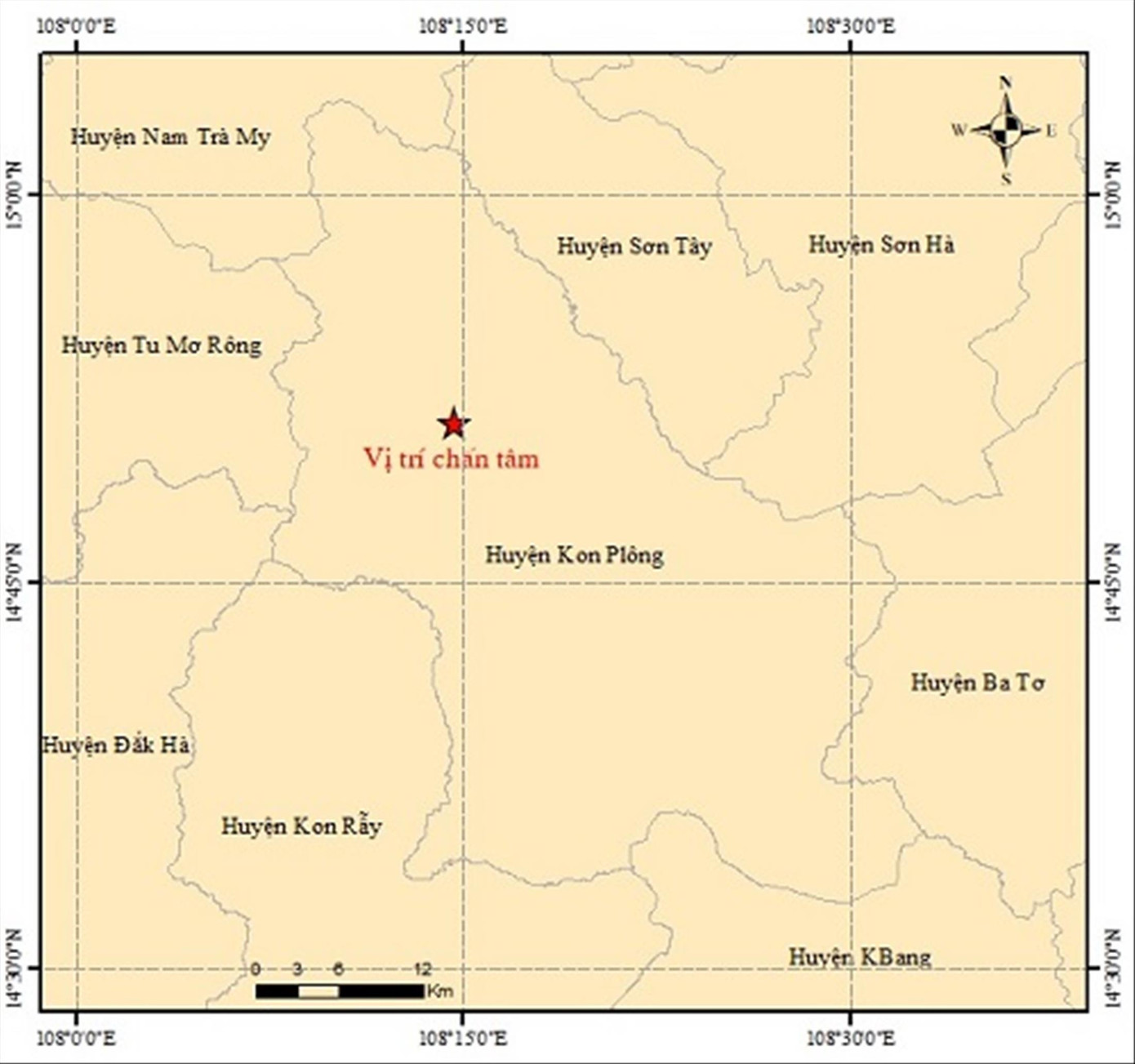 Tâm chấn trận động đất xảy ra rạng sáng ngày 24/4 tại huyện Kon Plông Nguồn: Trung tâm Báo tin động đất và cảnh báo sóng thần