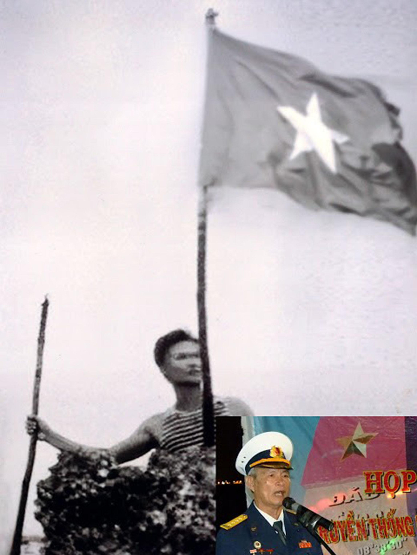 Đại tá Nguyễn Văn Dân cắm Quốc kỳ Việt Nam trên mỏm đá san hô cao nhất của đá Len Đao, ngày 22/4/1988. Ảnh tư liệu: NĐQ