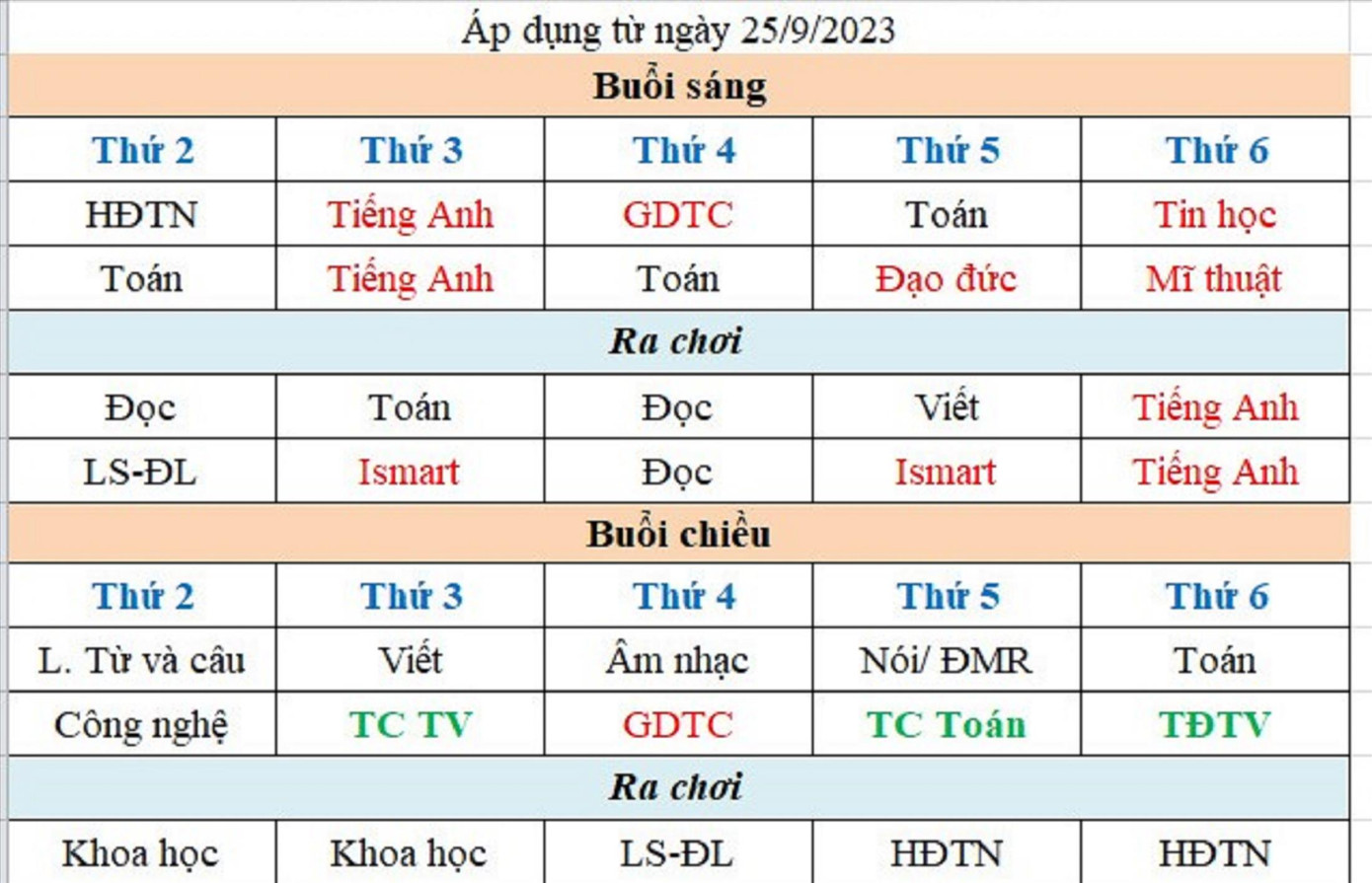 Thời khóa biểu lớp 4 của một trường tiểu học tại TP Buôn Ma Thuột đã xếp học iSmart vào tiết 4 ảnh: Huỳnh Thủy