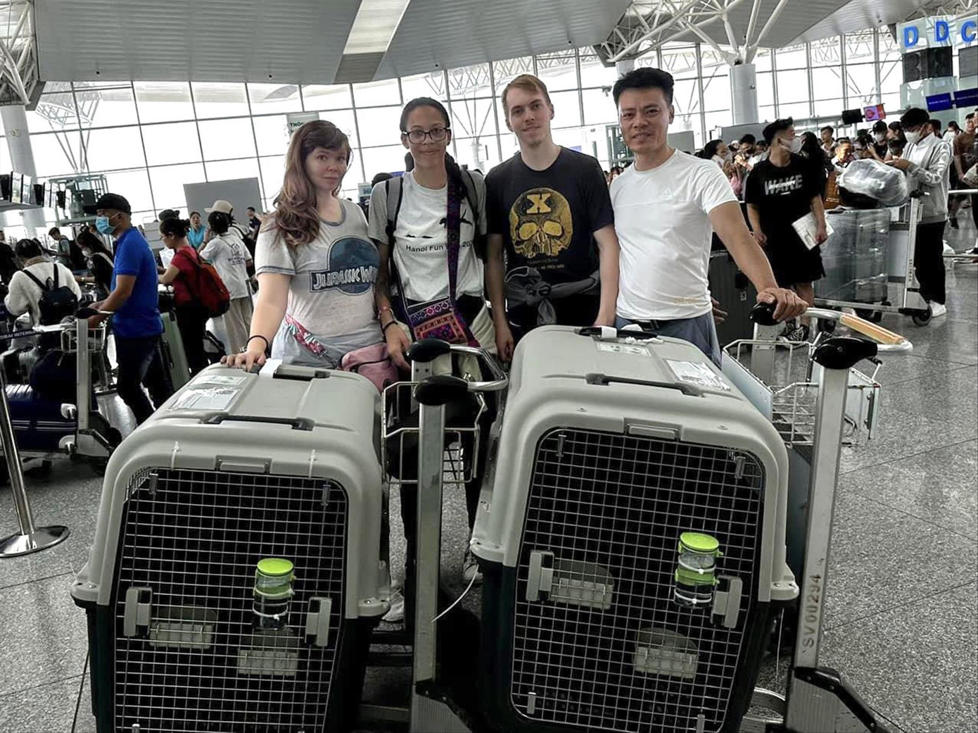 Anh Vũ Thế Minh (ngoài cùng bên phải) cùng những người chơi đến từ Mỹ chuẩn bị cho 4 chú chó Mông Cộc xuất ngoại.