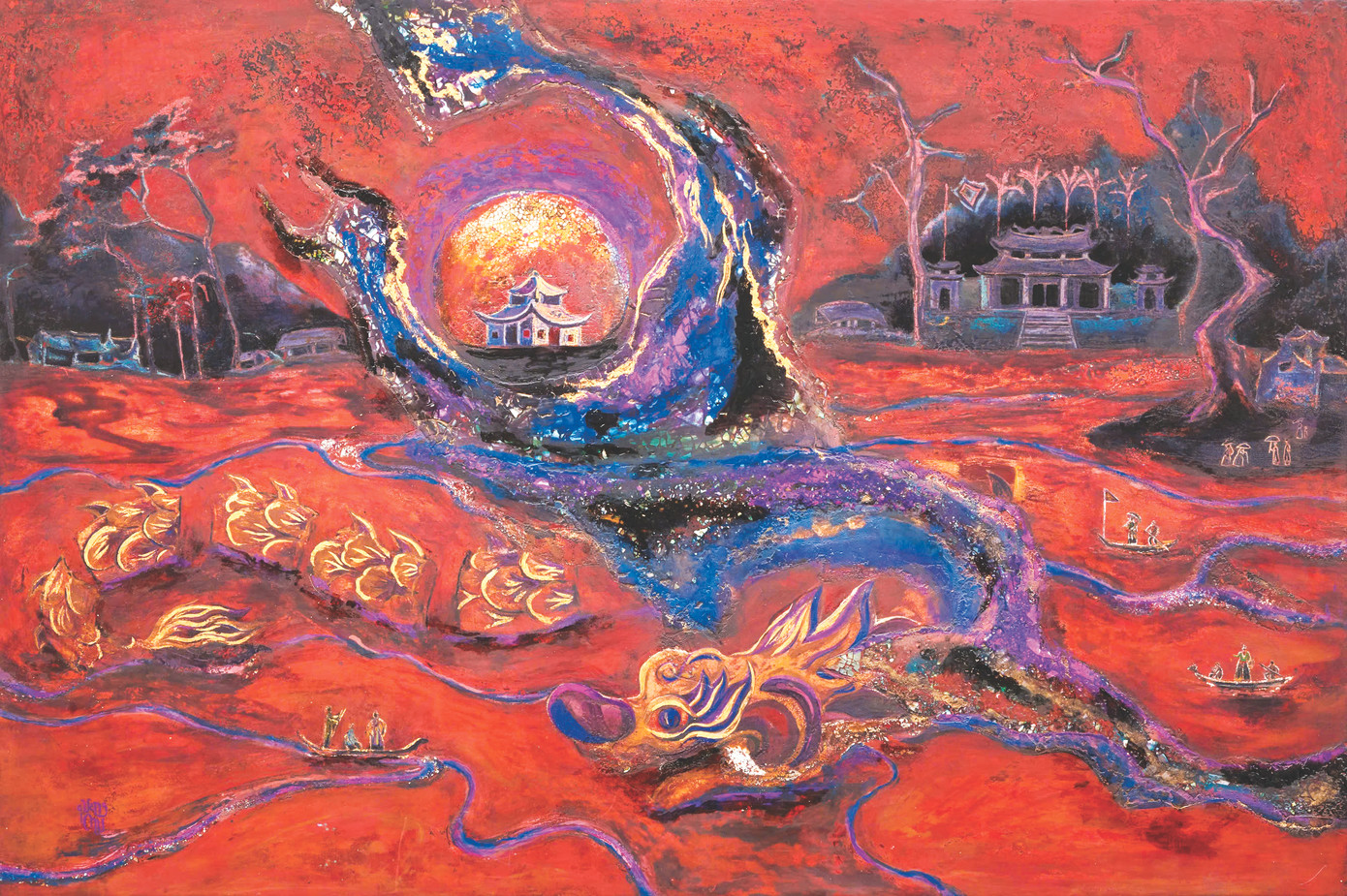 Lễ hội chùa Thầy sống động trong ký ức của Chu Quang được đưa lên tranh sơn mài