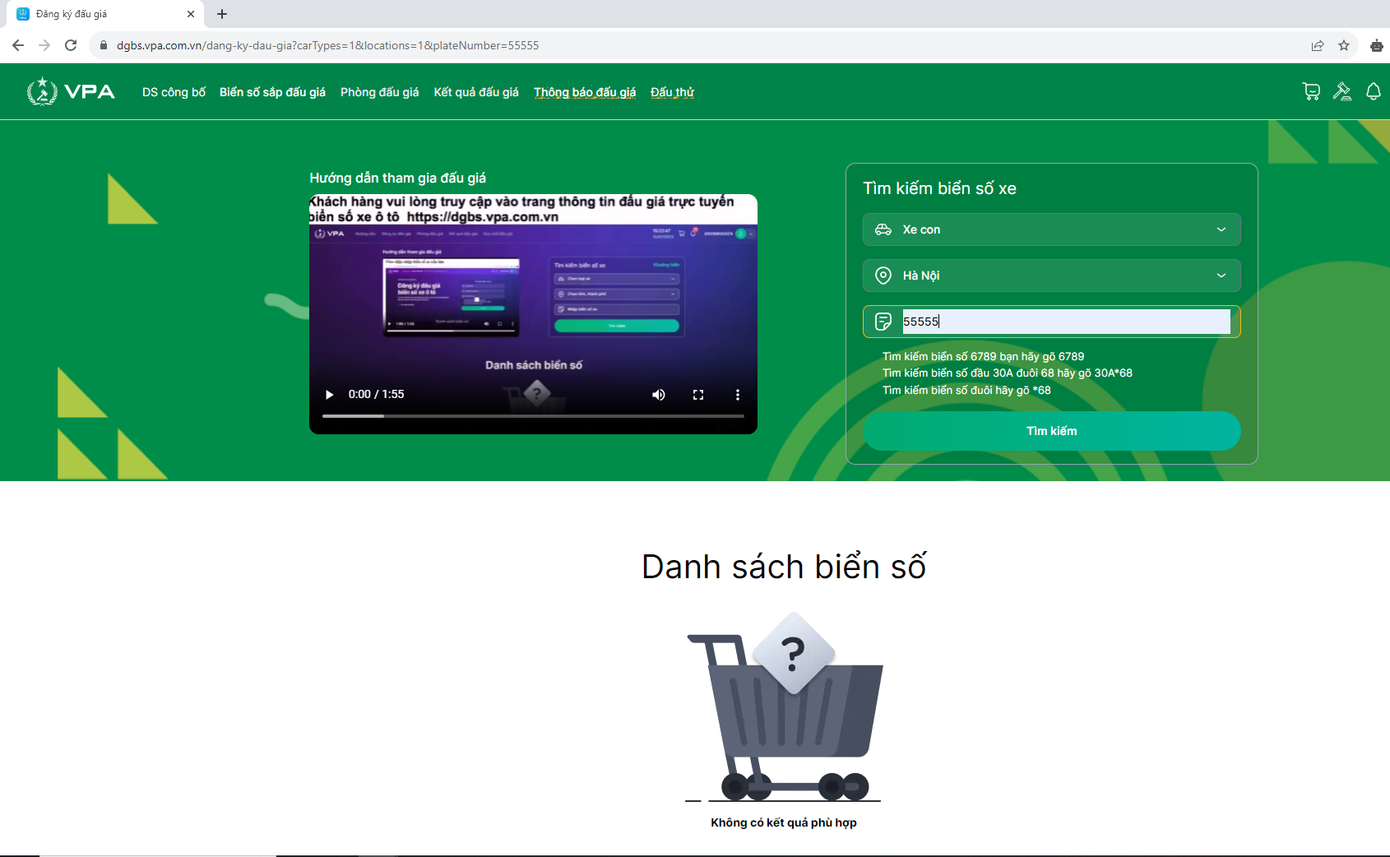Những biển số đấu giá trong phiên đấu giá thứ nhất không tìm được trong mục "biển số sắp đấu giá" cũng như mục danh sách biển số.