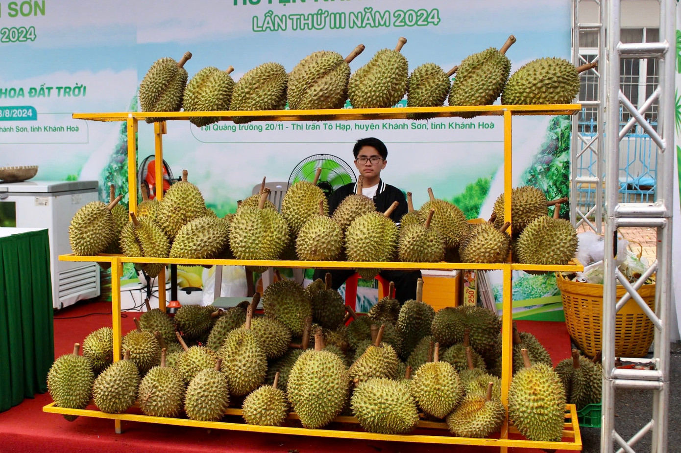 Khuôn viên lễ hội được bố trí 60 gian hàng trưng bày các loại trái cây có giá trị kinh tế cao như: Sầu riêng, măng cụt, bưởi da xanh, mít nghệ, mít tố nữ, mía tím..., các loại nông sản đặc trưng của huyện và các mặt hàng có giá trị kinh tế khác.