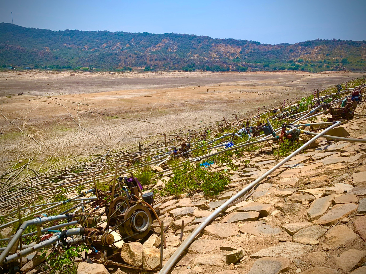 Hàng chục máy bơm nước cùng đường ống để lấy nước tưới cho hành, tỏi đang nằm phơi nắng tại hồ Ông Kinh vì không còn nước để hút.