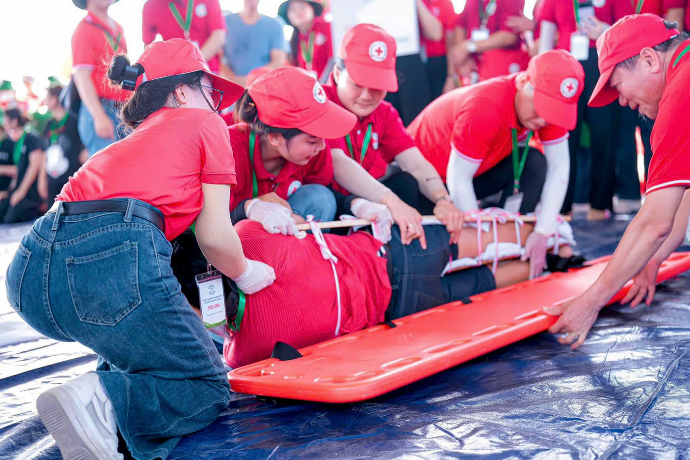 Sau khi thực hiện sơ cấp cứu, việc di chuyển nạn nhân lên cáng đúng cách để đưa đến bệnh viện điều trị cũng đòi hỏi kỹ thuật cao. Sau khi thực hiện sơ cấp cứu, việc di chuyển nạn nhân lên cáng đúng cách để đưa đến bệnh viện điều trị cũng đòi hỏi kỹ thuật cao.