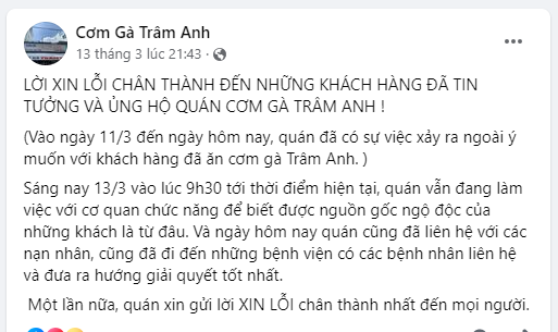 Quán cơm gà Trâm Anh lên tiếng xin lỗi trên mạng xã hội. Ảnh chụp màn hình.