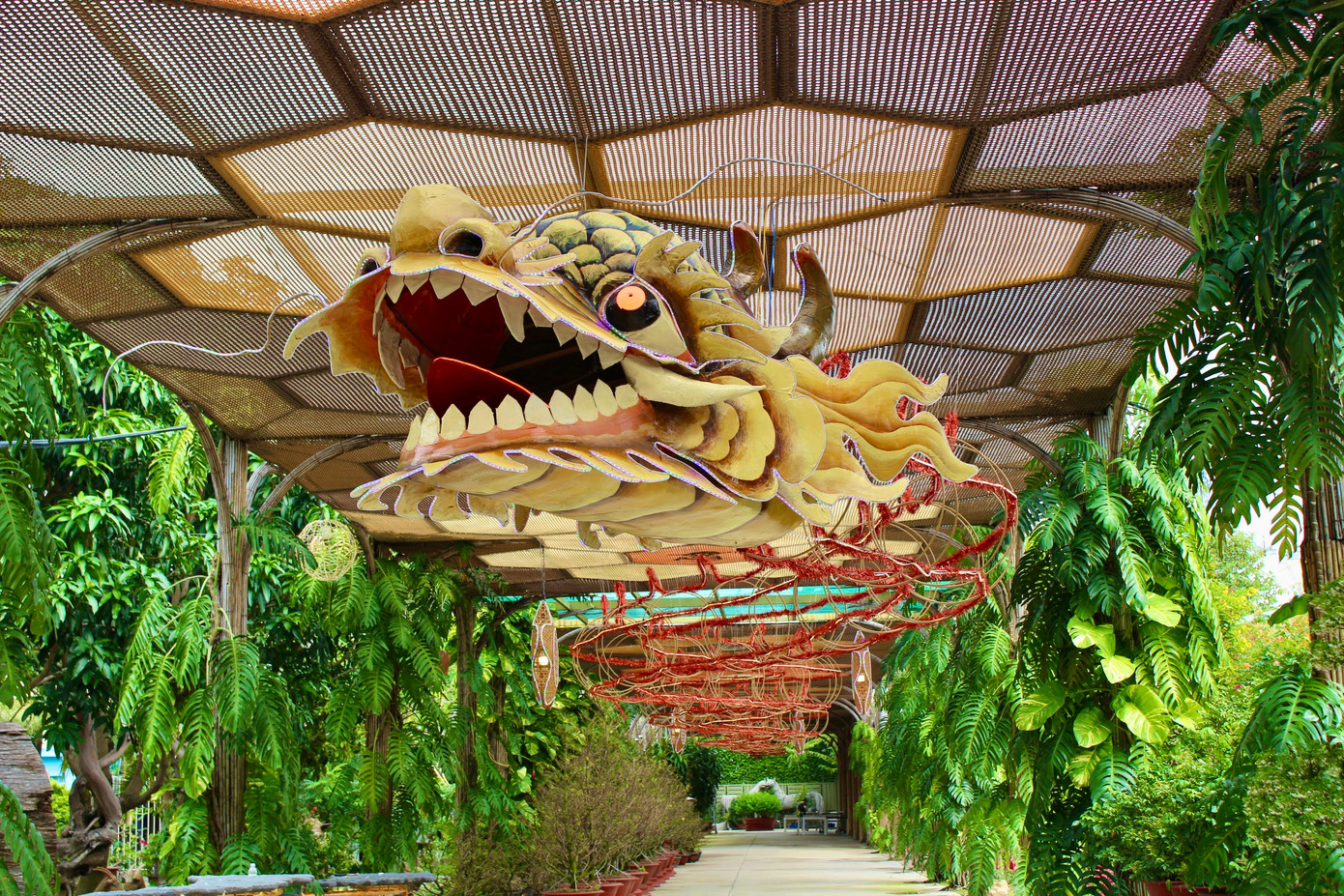 Chú rồng “khủng” tại Làng nghề Trường Sơn với chiều dài 63 m tượng trưng cho 63 tỉnh thành và 54 đốt đại diện cho 54 dân tộc anh em đang dần hoàn thiện. Đầu rồng làm bằng giấy bồi, thân rồng bằng thép nối với đèn, ban đêm chiếu sáng rực rỡ như đang bay lượn.