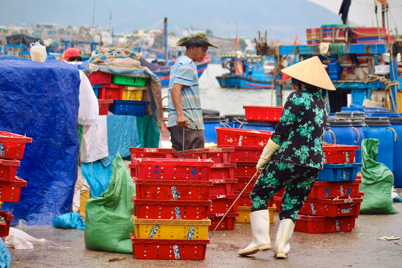 Một số người trẻ hơn, có sức khỏe chọn khuân vác cá thuê. Từng khay cá tươi rói, nặng trĩu được các chị khệ nệ di chuyển từ thuyền ra chợ.