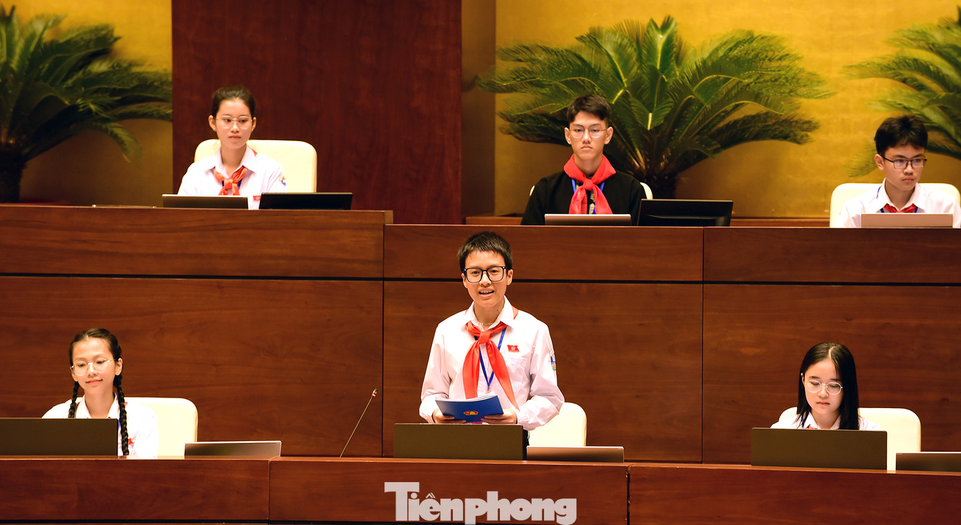 Đại biểu thiếu nhi vào vai Bộ trưởng LĐ-TB&amp;XH trao đổi tại phiên họp giả định. Ảnh: Xuân Tùng