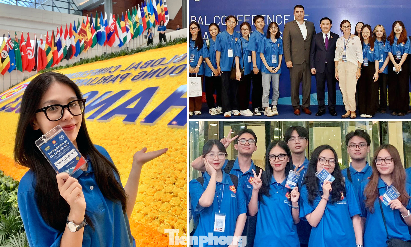 Trần Hà Anh làm liên lạc viên, tháp tùng đoàn đại biểu tại Hội nghị có dịp cùng các tình nguyện viên, liên lạc viên khác chụp ảnh với Chủ tịch Quốc hội Vương Đình Huệ và nhiều đại biểu quốc tế. Ảnh: NVCC Trần Hà Anh làm liên lạc viên, tháp tùng đoàn đại biểu tại Hội nghị có dịp cùng các tình nguyện viên, liên lạc viên khác chụp ảnh với Chủ tịch Quốc hội Vương Đình Huệ và nhiều đại biểu quốc tế. Ảnh: NVCC