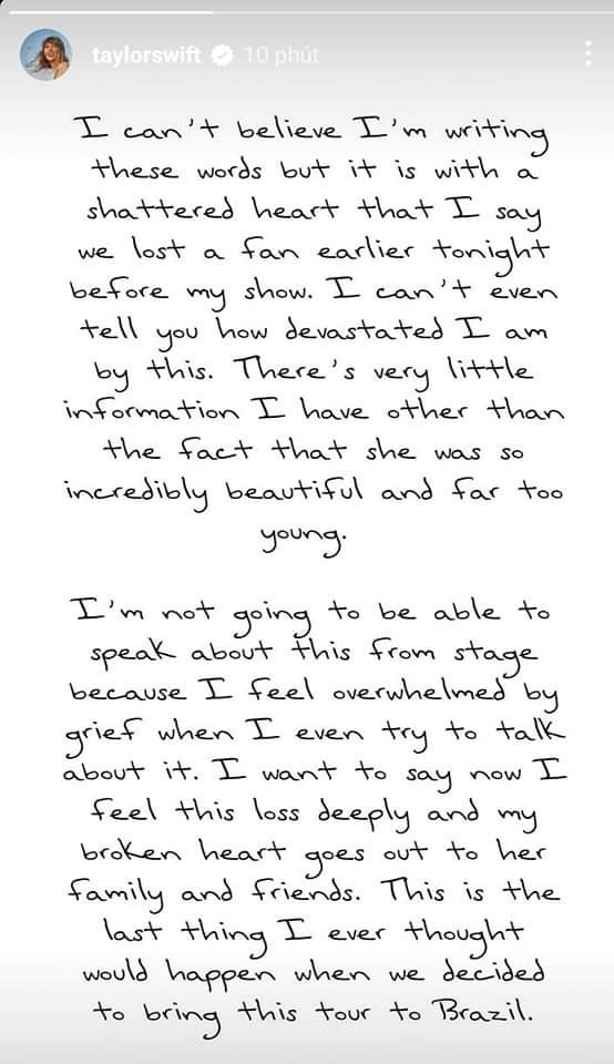 Taylor Swift viết thư tay gửi lời chia buồn sâu sắc đến gia đình nạn nhân. Taylor Swift viết thư tay gửi lời chia buồn sâu sắc đến gia đình nạn nhân.