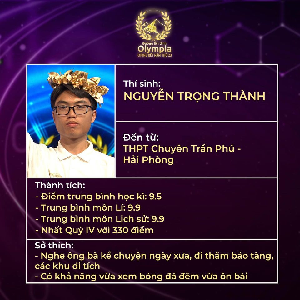 Trọng Thành có điểm số cao nhất. Ảnh: Fanpage Đường Lên Đỉnh Olympia Trọng Thành có điểm số cao nhất. Ảnh: Fanpage Đường Lên Đỉnh Olympia