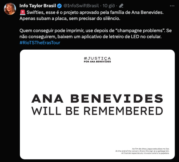 Fan của Taylor Swift tại Brazil cùng khẩu hiệu tưởng nhớ cho Ana Benevides. Fan của Taylor Swift tại Brazil cùng khẩu hiệu tưởng nhớ cho Ana Benevides.