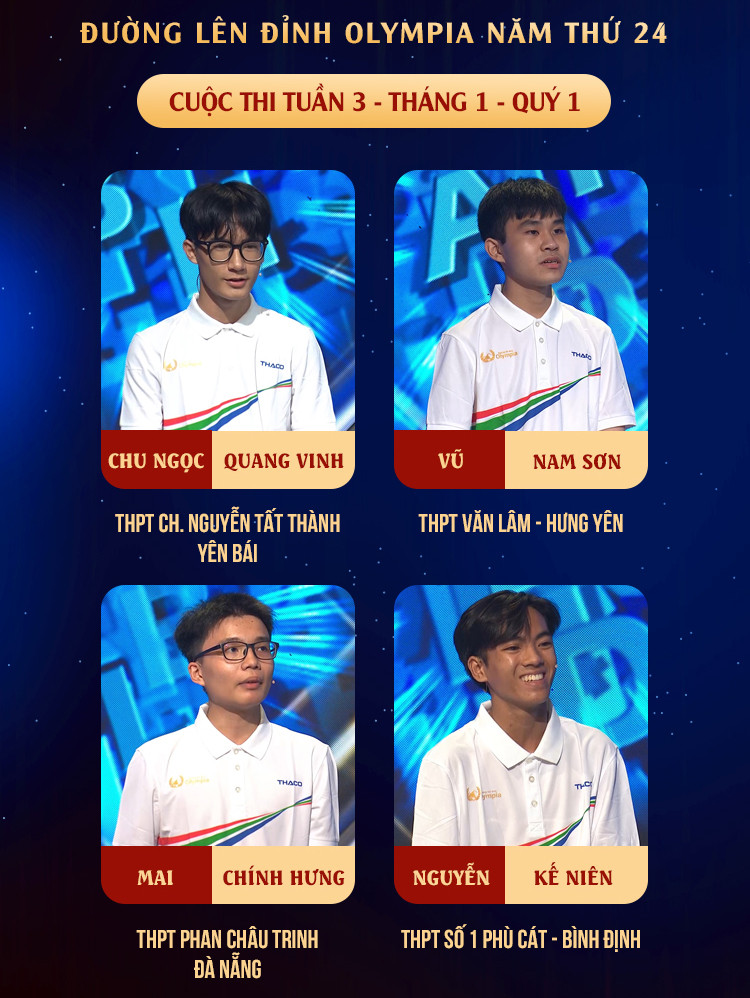 4 nam sinh đều thi đấu xuất sắc. Ảnh: Fanpage Đường Lên Đỉnh Olympia 4 nam sinh đều thi đấu xuất sắc. Ảnh: Fanpage Đường Lên Đỉnh Olympia