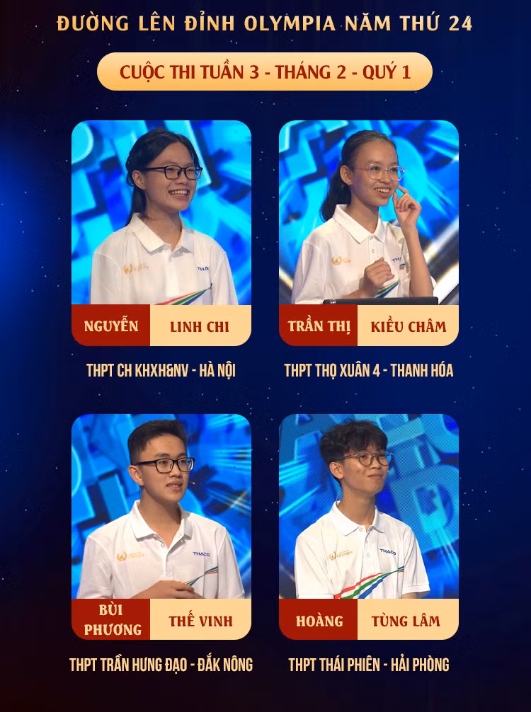 Bốn gương mặt đầy tài năng của cuộc thi tuần 3. Nguồn: Fanpage Đường Lên Đỉnh Olympia.