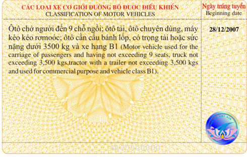 Mặt sau của bằng lái mới