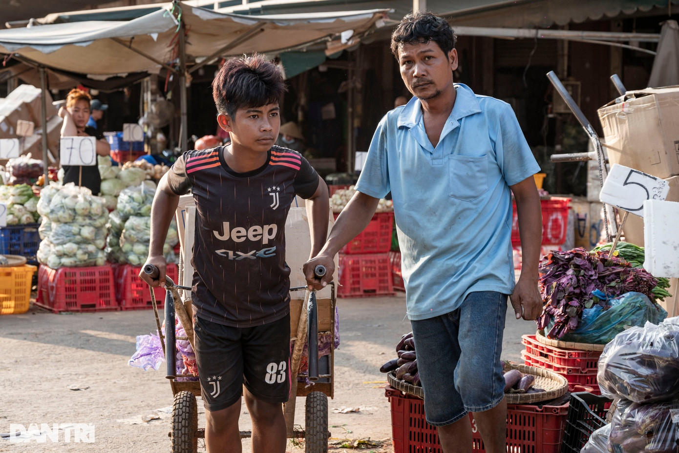 Trao đổi với phóng viên Dân trí, đại diện Ban quản lý chợ đầu mối Hóc Môn cho biết, mỗi ngày nguồn hàng đổ về từ 2.300 - 2.500 tấn. Trong đó, rau, củ, quả từ các tỉnh về trên dưới 1.300 tấn; rau ăn lá trên dưới 250 tấn; cây trên dưới 300 tấn; phần còn lại là thịt heo. Nhìn chung số lượng nông sản nhập về ổn định (Ảnh: Hoàng Hướng). "Nếu chợ đầu mối Bình Điền và chợ đầu mối Thủ Đức chủ yếu hoạt động vào ban đêm, rạng sáng thì chợ đầu Hóc Môn lại hoạt động cả ban ngày. Mỗi ngày, chợ đón khoảng 8.000 - 10.000 lượt khách. Chợ hoạt động 24/24 nên công tác duy tu, bảo dưỡng thường xuyên được triển khai", đại diện Ban quản lý chợ đầu mối Hóc Môn nói.