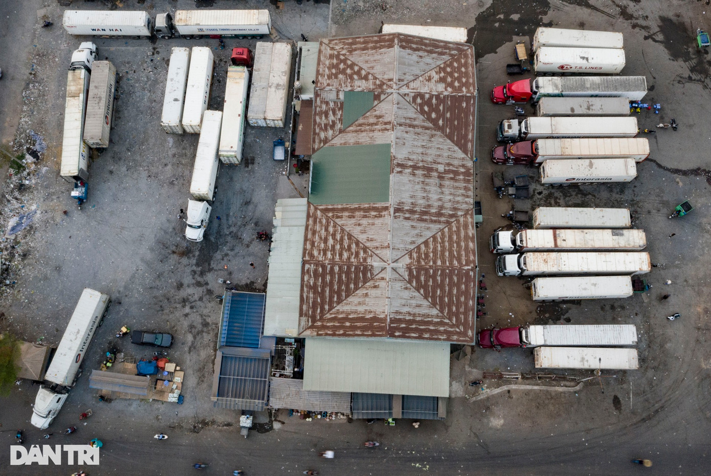 Xe container liên tục ra vào bãi nhập hàng trong chợ đầu mối Thủ Đức. Tại đây, số hàng hóa được nhân công chuyển qua các xe ba gác vận chuyển vào các sạp hàng của các tiểu thương trong chợ (Ảnh: Hoàng Hướng).