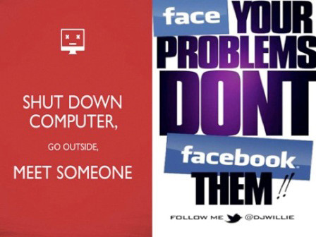 Khẩu hiệu “Hãy tắt máy tính, ra ngoài và gặp ai đó” hay “Hãy đối mặt với vấn đề của bạn, đừng mang nó lên Facebook” được chia sẻ trên khắp các trang mạng xã hội. Khẩu hiệu “Hãy tắt máy tính, ra ngoài và gặp ai đó” hay “Hãy đối mặt với vấn đề của bạn, đừng mang nó lên Facebook” được chia sẻ trên khắp các trang mạng xã hội