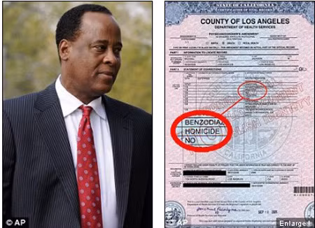Bác sĩ Conrad Murray (trái) và bản chứng tử cái chết của Michael Jackson.