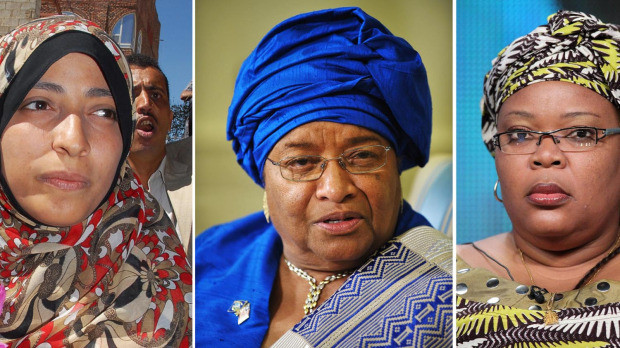 Từ trái qua, nhà hoạt động Yemen Karman, Tổng thống Liberia Sirleaf và nhà hoạt động Liberia Gbowee. Ảnh: AP. Từ trái qua, nhà hoạt động Yemen Karman, Tổng thống Liberia Sirleaf và nhà hoạt động Liberia Gbowee. Ảnh: AP