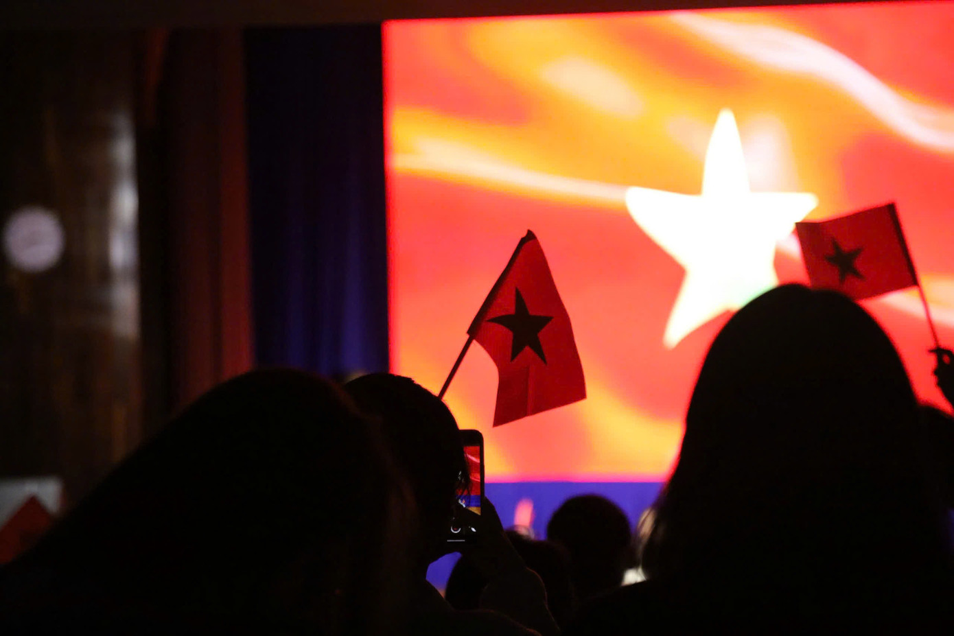 Các bạn trẻ hưởng ứng chương trình bằng cách vẫy cờ và cùng hát vang những bài ca cách mạng.