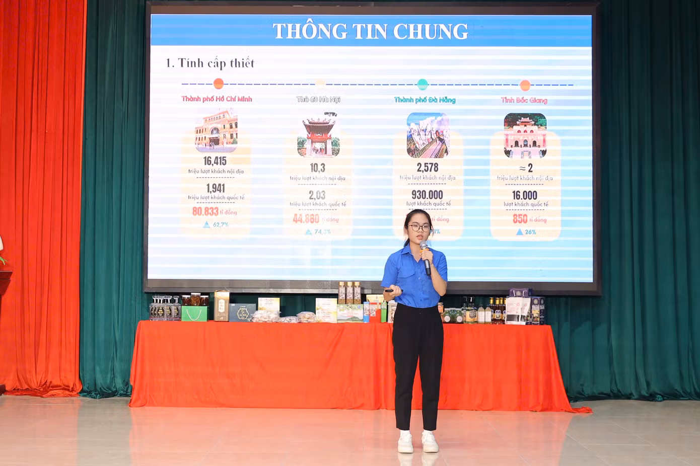 Huyền Mai trình bày dự án của mình trong một cuộc thi.