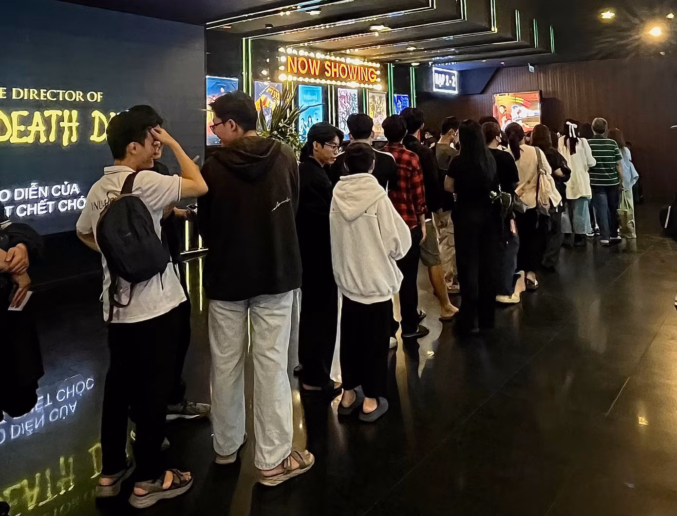 Khán giả xếp hàng dài chờ vào xem 'Địa đạo: Mặt trời trong bóng tối', tại rạp chiếu phim (Q. 1, TP. HCM).