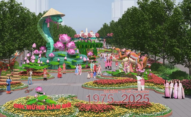 Đường hoa Nguyễn Huệ được thiết kế ấn tượng với 90 tạo hình linh vật rắn. Đường hoa Nguyễn Huệ được thiết kế ấn tượng với 90 tạo hình linh vật rắn.