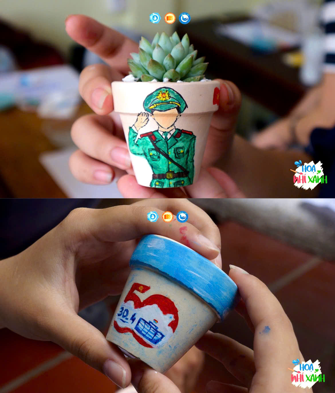 Những chậu sen đá được vẽ với họa tiết chào mừng Kỷ niệm 50 năm ngày Thống nhất đất nước. (Ảnh: Fanpage CLB Tình nguyện 'VO - LIS') Những chậu sen đá được vẽ với họa tiết chào mừng Kỷ niệm 50 năm ngày Thống nhất đất nước. (Ảnh: Fanpage CLB Tình nguyện 'VO - LIS')