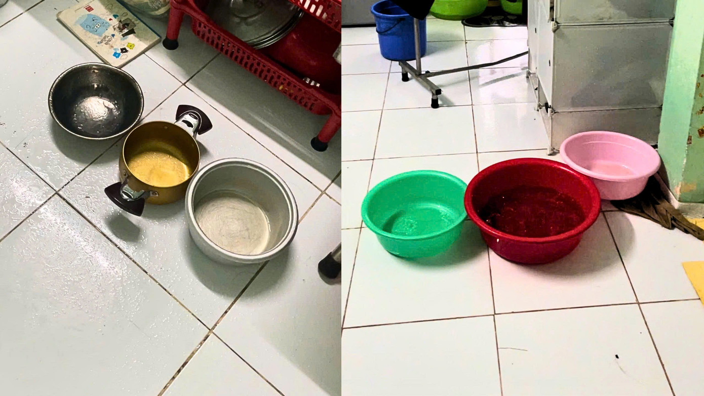 Hết thau chậu, sinh viên tận dụng cả tô chén, bình nước, nồi cơm điện để hứng mưa. Hết thau chậu, sinh viên tận dụng cả tô chén, bình nước, nồi cơm điện để hứng mưa.