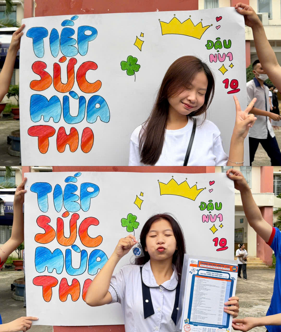 Các sĩ tử hào hứng chụp ảnh check-in và viết những lời chúc gửi gắm bản thân qua các banner vẽ tay do các sinh viên tình nguyện chuẩn bị. Các sĩ tử hào hứng chụp ảnh check-in và viết những lời chúc gửi gắm bản thân qua các banner vẽ tay do các sinh viên tình nguyện chuẩn bị.