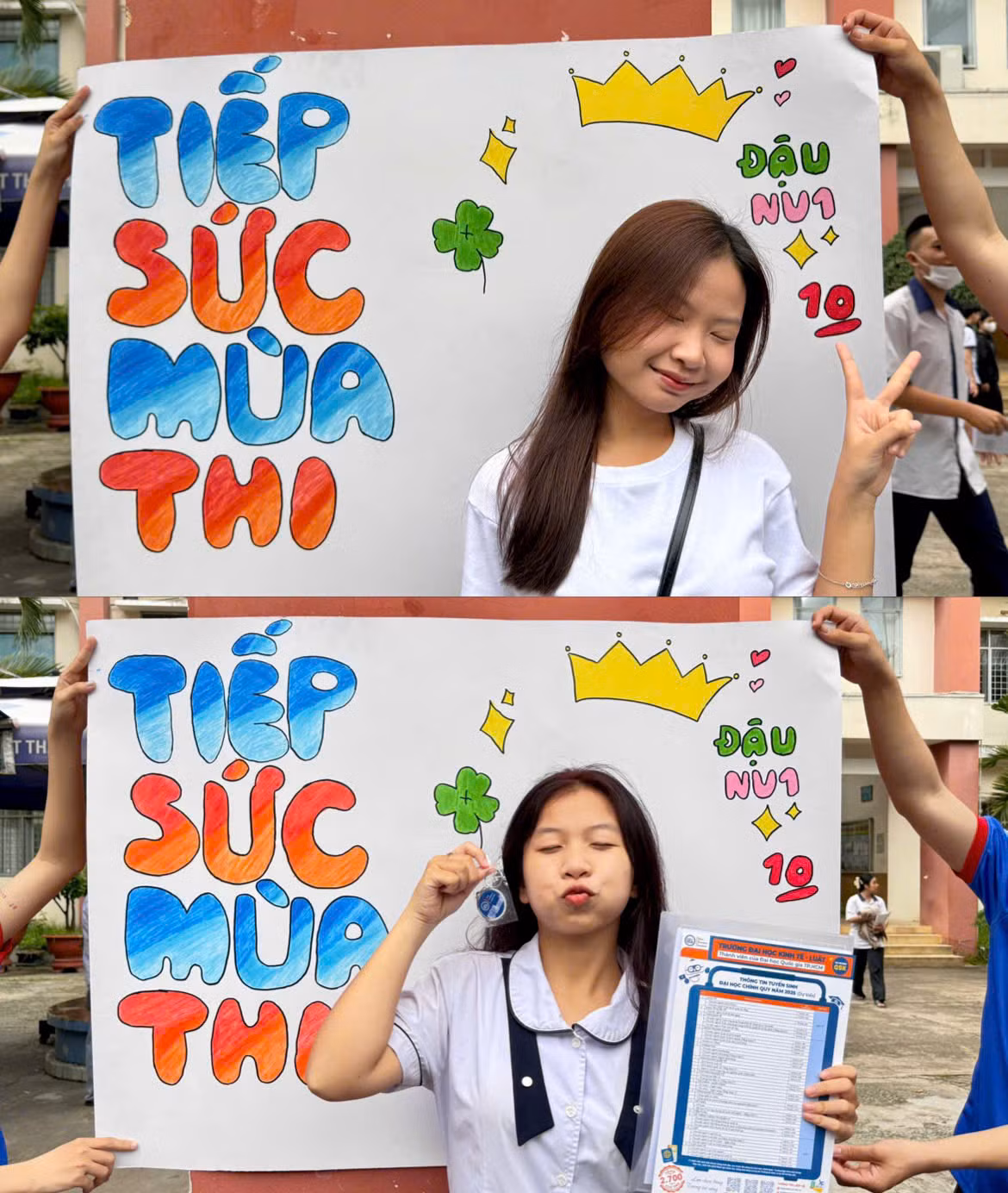 Các sĩ tử hào hứng chụp ảnh check-in và viết những lời chúc gửi gắm bản thân qua các banner vẽ tay do các sinh viên tình nguyện chuẩn bị.