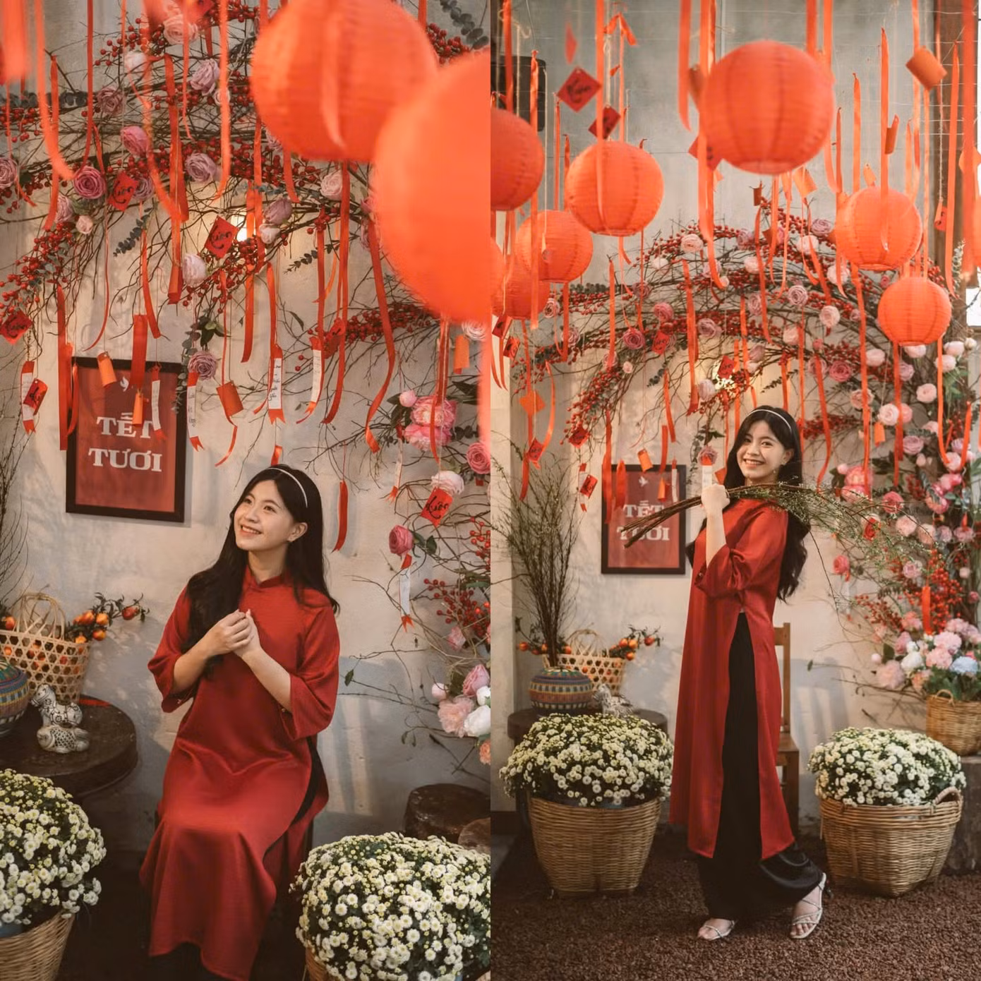 Những “nàng thơ” tươi tắn trong bộ áo dài truyền thống được chuẩn bị chu đáo bởi các địa điểm cà phê chụp hình Tết. (Ảnh: Dương Thanh Ngọc)