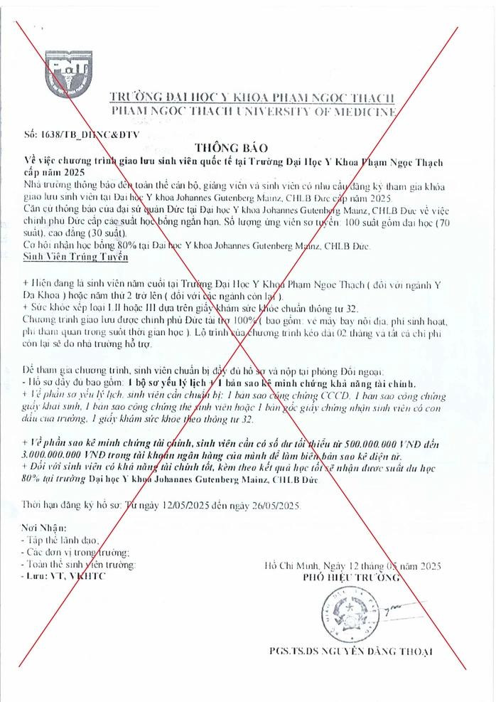 Văn bản giả mạo nhà trường thông báo về chương trình giao lưu quốc tế khiến sinh viên sập bẫy.