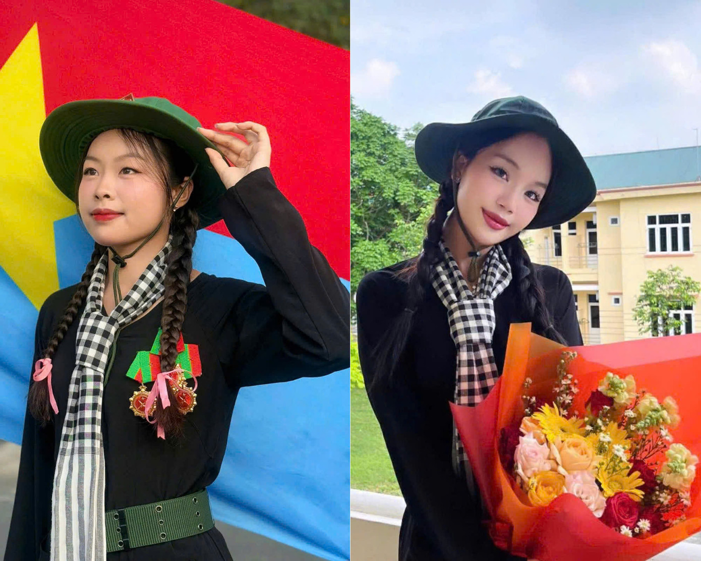 Vũ Thị Ánh Dương (trái) Phạm Lê Bảo Châu rạng rỡ trong trang phục của khối Nữ du kích Miền Nam. Vũ Thị Ánh Dương (trái) Phạm Lê Bảo Châu rạng rỡ trong trang phục của khối Nữ du kích Miền Nam.