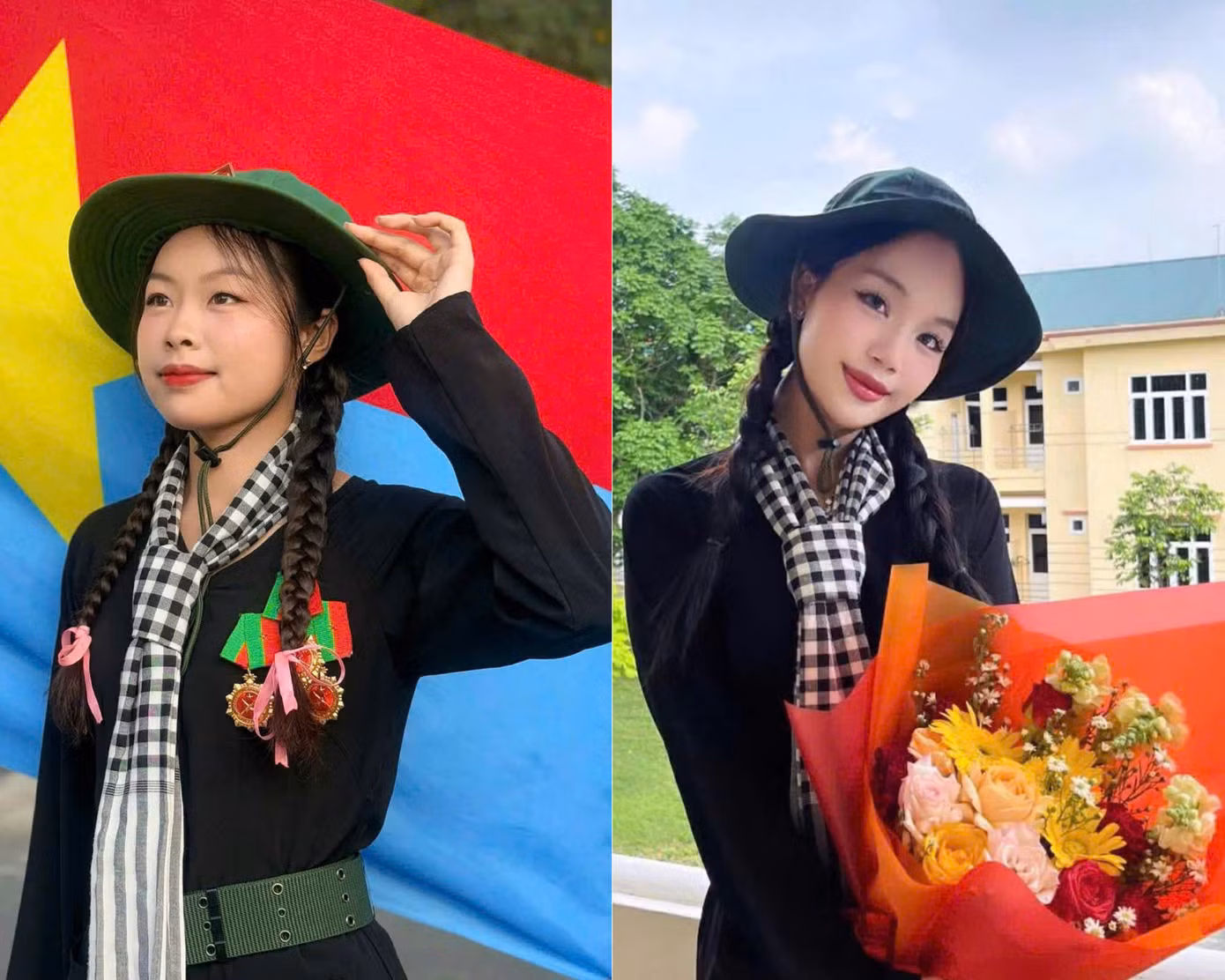Vũ Thị Ánh Dương (trái) Phạm Lê Bảo Châu rạng rỡ trong trang phục của khối Nữ du kích Miền Nam.
