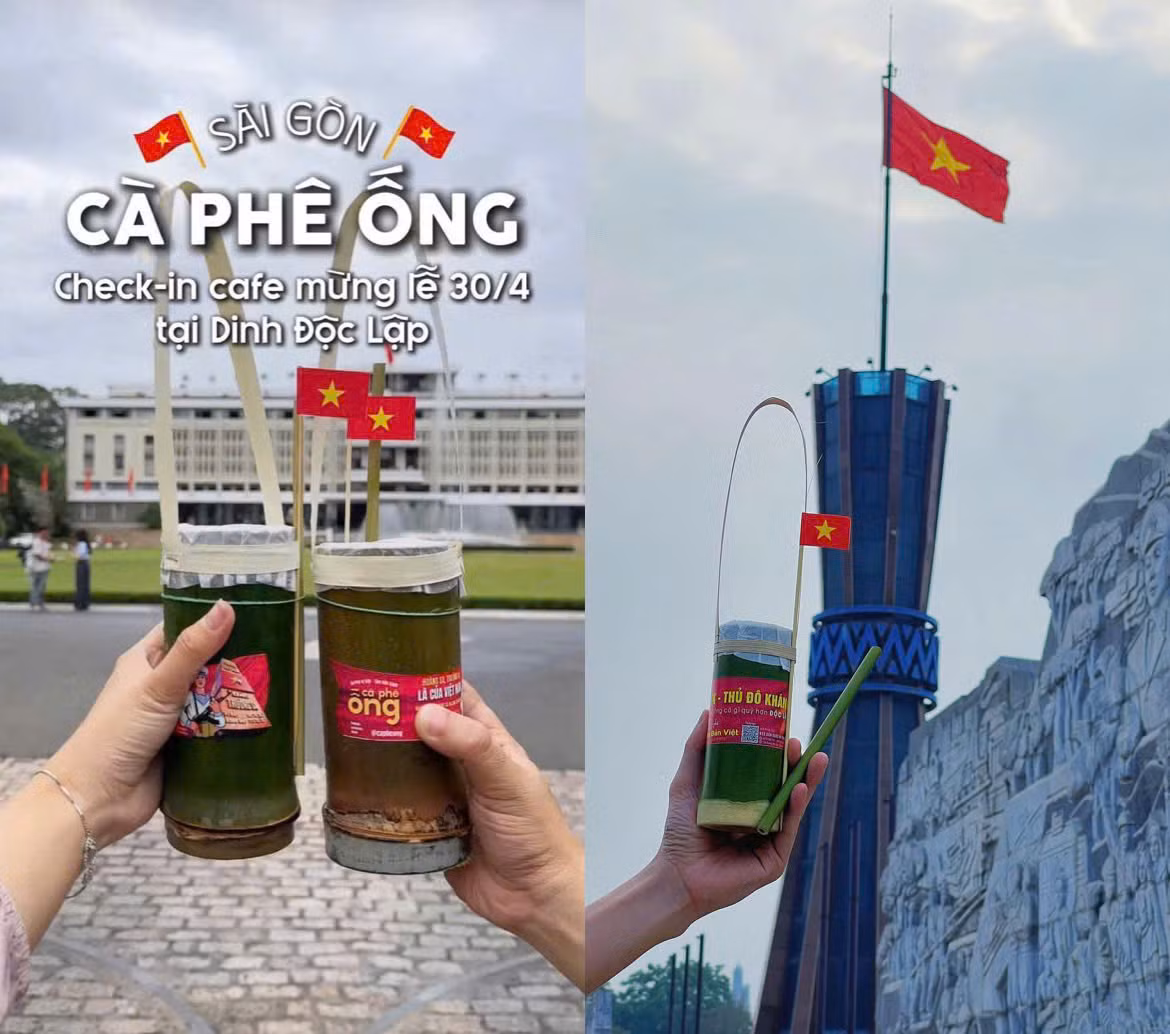 Check-in cà phê ống tại các địa điểm lịch sử nổi tiếng như Dinh Độc Lập (TP. HCM), Quảng trường Võ Nguyên Giáp (Thái Nguyên). (Ảnh: Bùi Thị Hải Yến &amp; TikTok 'Thi hay đi')