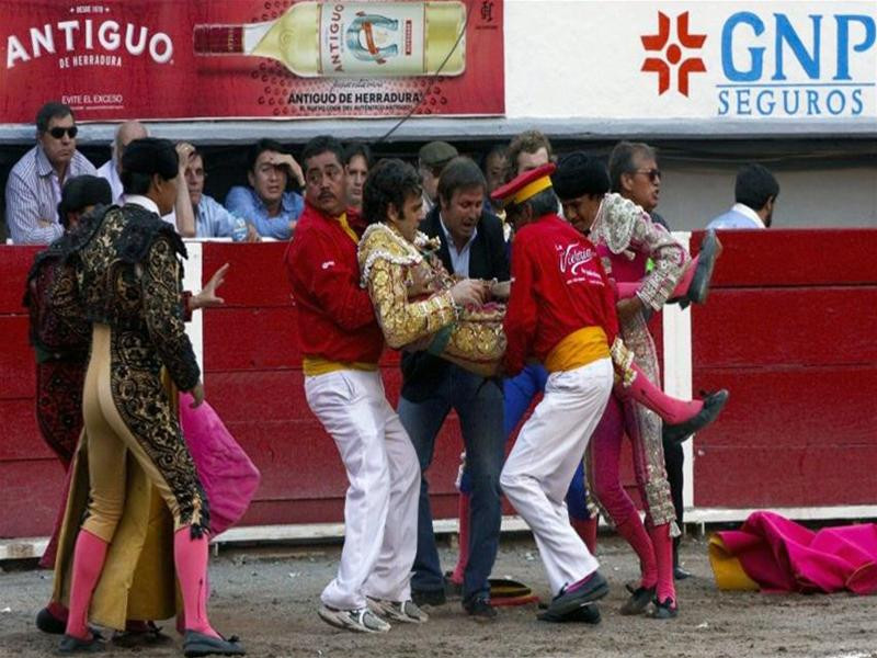 Tại cuộc đấu ở Mexico anh đã bị trọng thương ở đùi bên trái. Ảnh Spiegel Con vật nhấc anh lên khỏi mặt đất. Ảnh Spiegel Anh nằm trên sân đấu trong khoảnh khắc tuyệt vọng. Ảnh Spiegel May mắn là đội cứu trợ đã can thiệp kip thời. Ảnh Spiegel