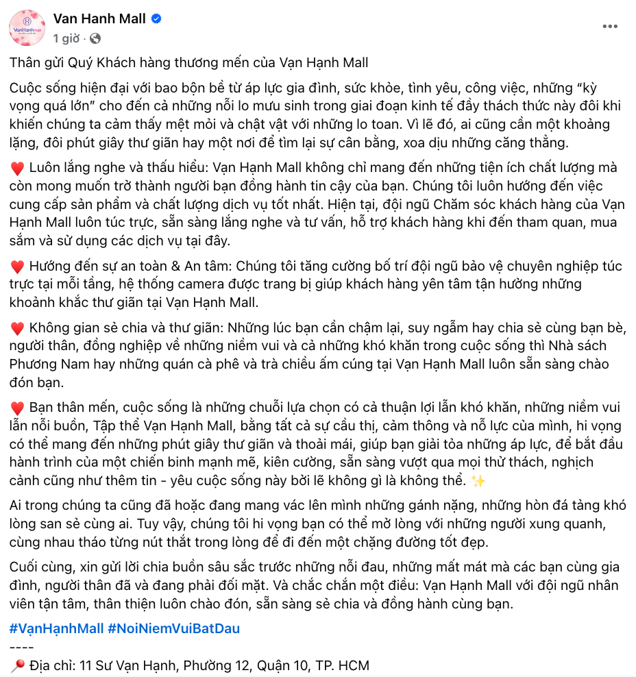 Sau 2 vụ việc đáng tiếc, Vạn Hạnh Mall đã có chia sẻ chính thức và nhận được nhiều phản ứng tích cực từ netizen. Ảnh chụp màn hình. Sau 2 vụ việc đáng tiếc, Vạn Hạnh Mall đã có chia sẻ chính thức và nhận được nhiều phản ứng tích cực từ netizen. Ảnh chụp màn hình.