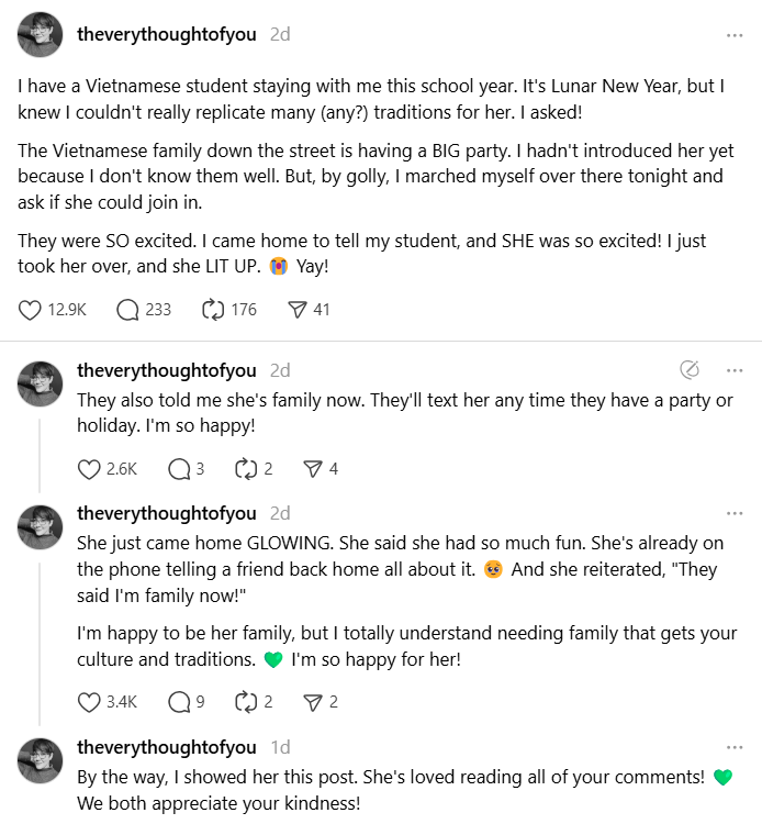 Trên trang Threads cá nhân của cô chủ nhà, netizen lại càng cảm thấy ấm lòng hơn khi đã góp phần tạo dựng kết nối giữa gia đình người Việt và Phạm Nhi.