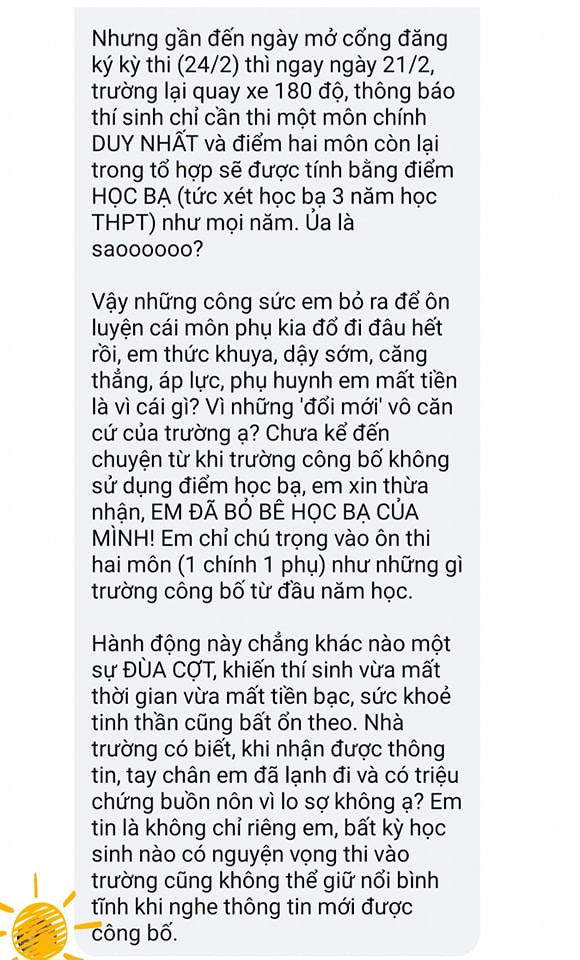 Nội dung "tâm thư" được cho là của một học sinh trước những thay đổi trong cách thức tuyển sinh của các trường ĐH. Ảnh chụp màn hình.
