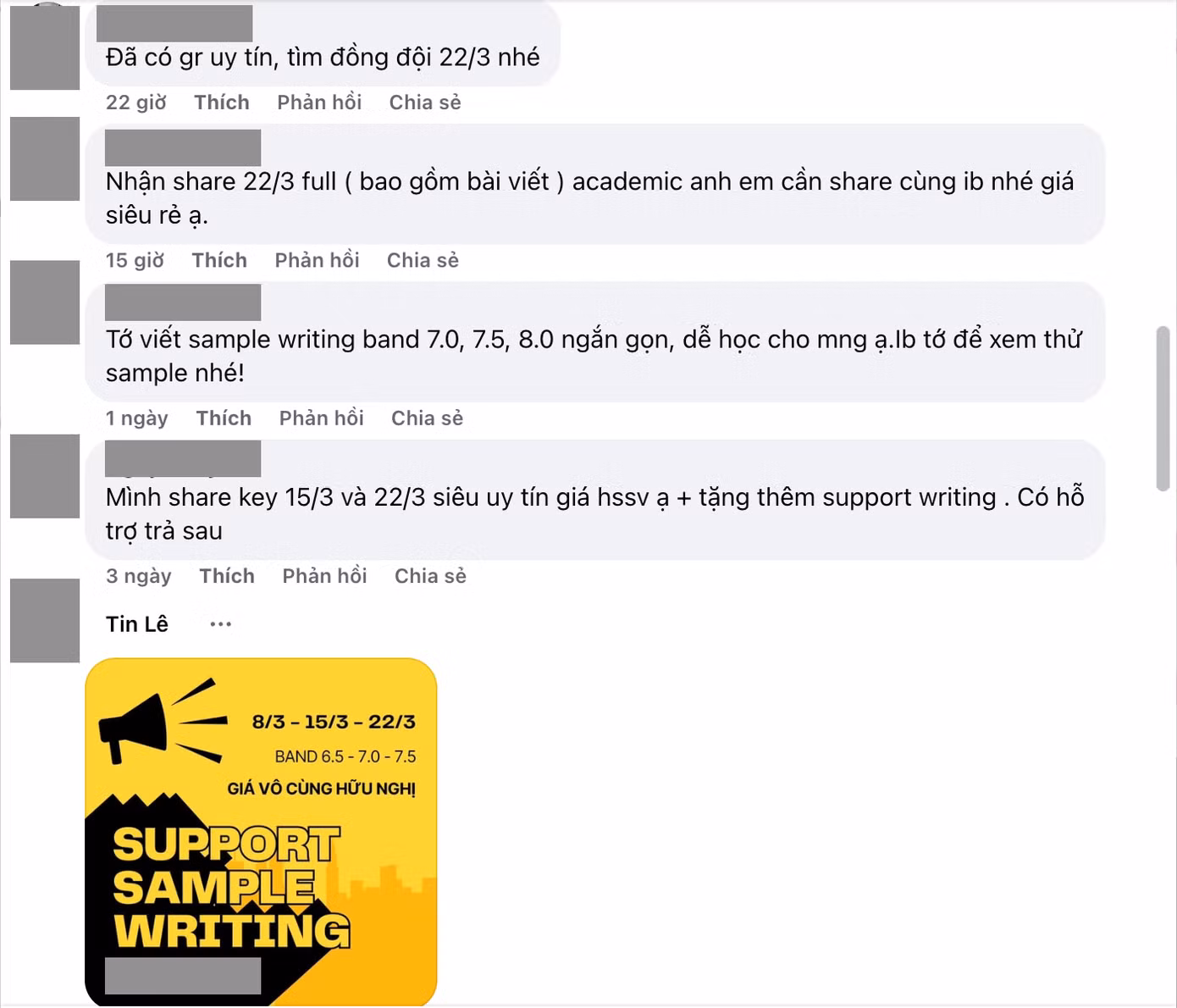 Bên cạnh mua bán đề, nhiều dịch vụ còn hỗ trợ viết hộ, viết giùm bài thi, chia sẻ các "gói" đáp án.