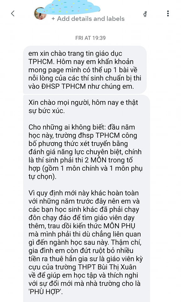 Nội dung "tâm thư" được cho là của một học sinh trước những thay đổi trong cách thức tuyển sinh của các trường ĐH. Ảnh chụp màn hình.