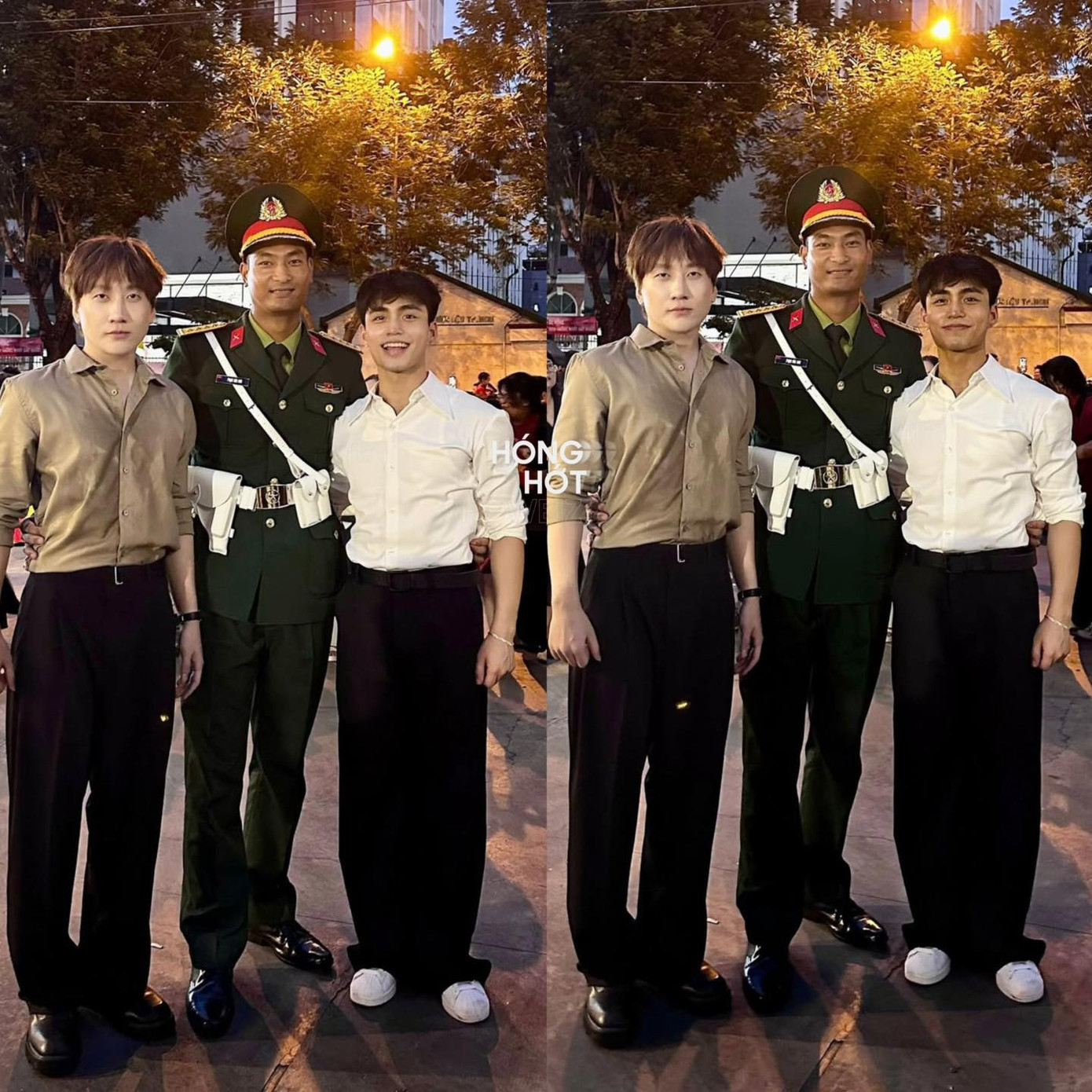 Hoà mình với người dân, MONO và Phát La đã có dịp gặp lại Đại Đội trưởng Sơn trong chương trình Sao Nhập Ngũ. Ảnh: FC MONO, MONO and Stories.