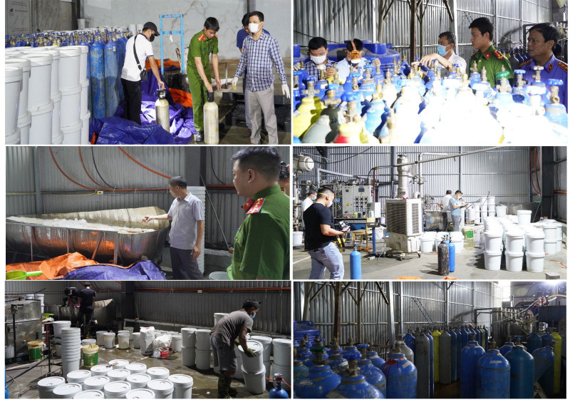 Nguyên liệu dùng để sản xuất và thành phẩm là các bình khí N2O mà các đối tượng sản xuất chuẩn bị tuồn ra thị trường. Ảnh: CAND Nguyên liệu dùng để sản xuất và thành phẩm là các bình khí N2O mà các đối tượng sản xuất chuẩn bị tuồn ra thị trường. Ảnh: CAND