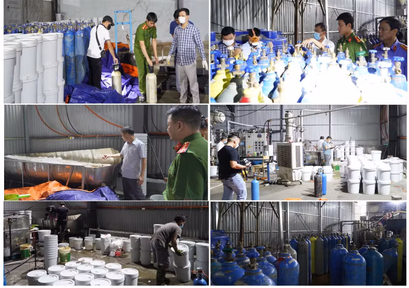 Nguyên liệu dùng để sản xuất và thành phẩm là các bình khí N2O mà các đối tượng sản xuất chuẩn bị tuồn ra thị trường. Ảnh: CAND