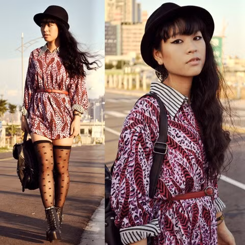 Lại thêm một sự kết hợp đầy cá tính với vớ họa tiết, áo họa tiết đi kèm sơ-mi kẻ ngang