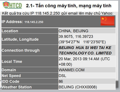  Nguồn gốc tấn công vào email của lãnh đạo Cục Cảnh sát phòng chống tội phạm sử dụng công nghệ cao được xác định đến từ Trung Quốc - Nguồn: Đại tá Trần Văn Hòa
